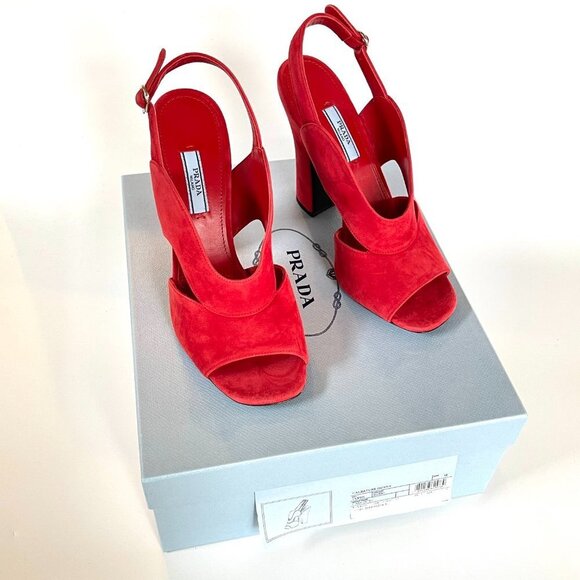 Prada Collection 1X890L Comoscio Women's Red Suede High Heel Pumps Shoes - Picture 2 of 13
